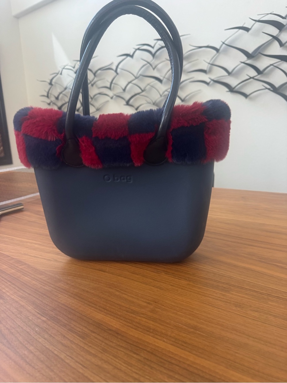 O bag Classic Handbag with Faux Fur Trim  Navy Blue and Maroon  Mini Classic
NWT